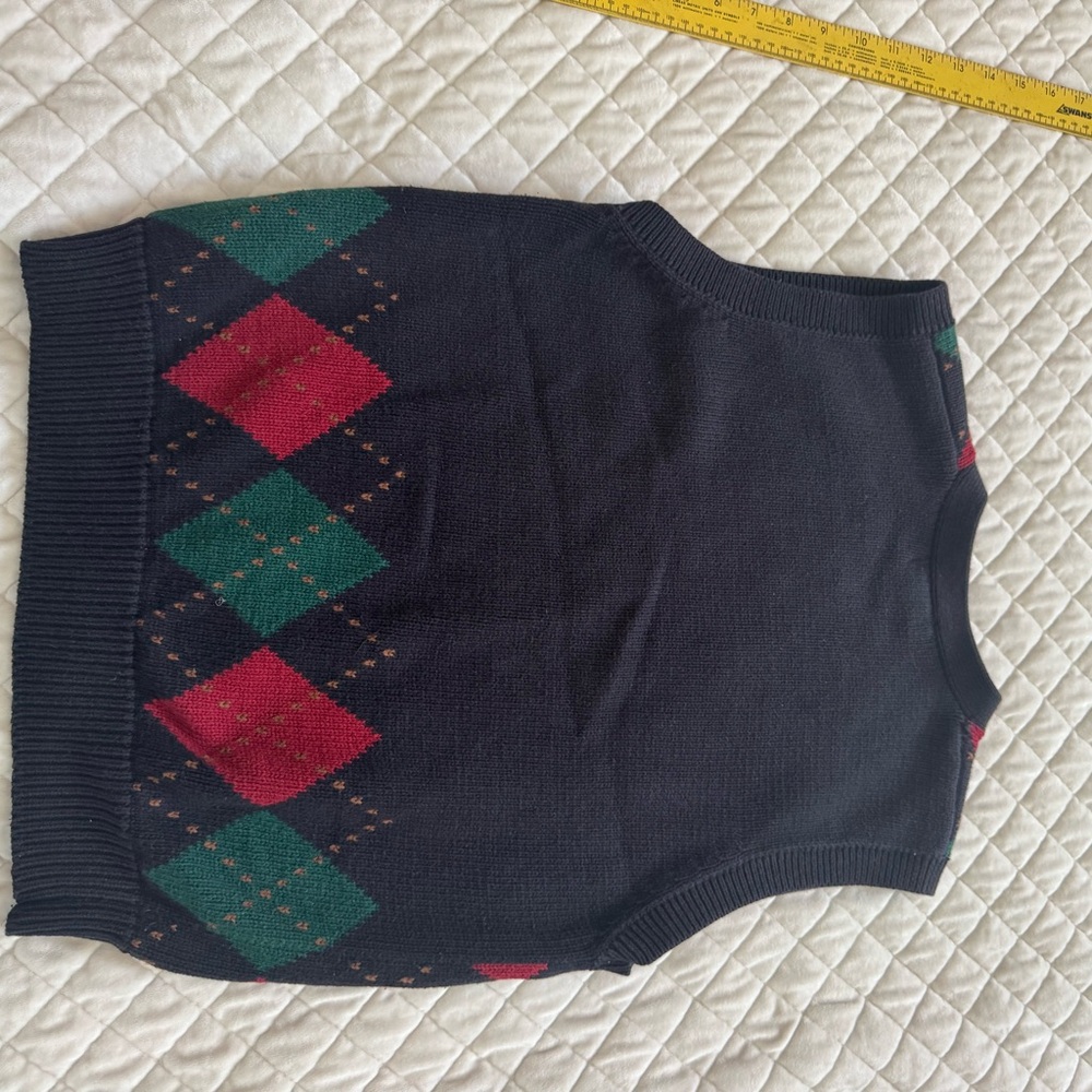 Vintage Lands’ End Argyle Sweater Vest Navy Red Green Preppy Knit - Picture 8 of 12